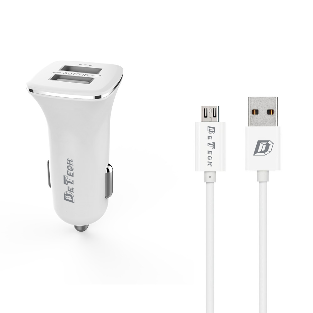 Φορτιστής αυτοκινήτου DeTech, DE-C01M, 5V/2.4A, 12/24V, Με Micro USB καλώδιο, 2 x USB, Λευκό