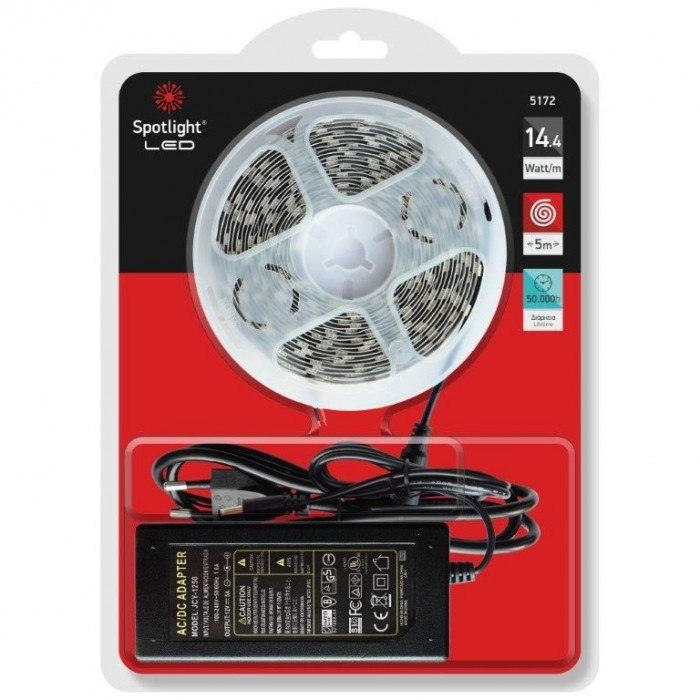 ΣΕΤ ΤΑΙΝΙΑ LED 14,4W 5 ΜΕΤΡΩΝ ΜΕ ΤΡΟΦΟΔΟΤΙΚΟ ΚΑΙ ΚΑΛΩΔΙΟ ΠΡΙΖΑΣ 6000K IP20