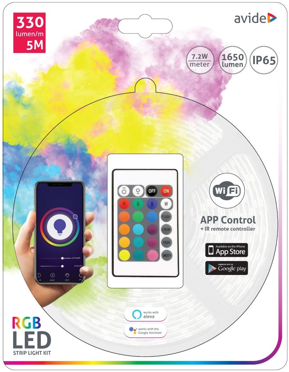 Avide LED Strip Blister 12V 7.2W SMD5050 30LED RGB IP65 5m WIFI TUYA + IR