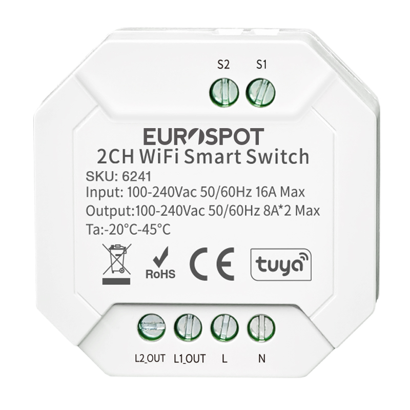 EuroSpot 2Channel Smart Switch Tuya WiFi 100-240V 2*8 A